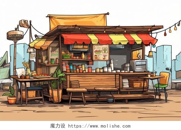 街头美食餐厅彩铅手绘AI插画
